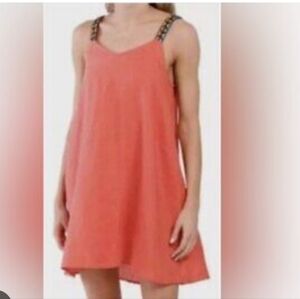 Beautiful Coral Linen Sundress With Aztec Straps